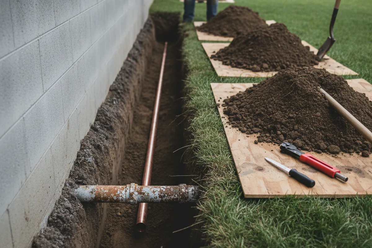 Excavated water line trench during Sewer Line Repair in New Providence